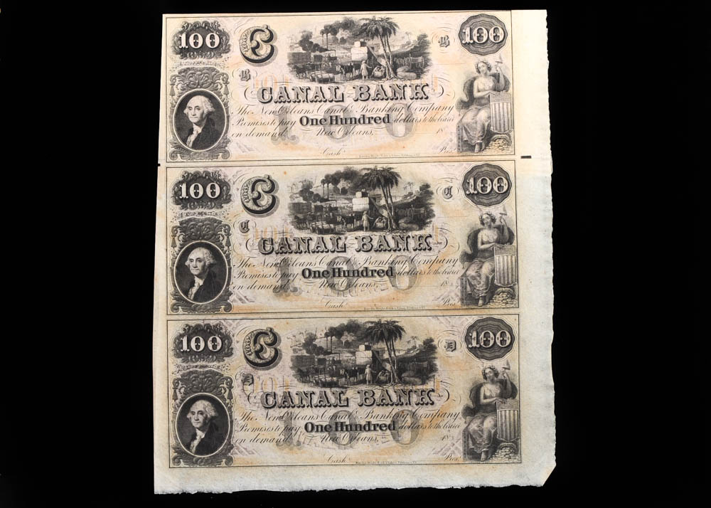 Uncut Sheet of Four One Hundred Dollar New Orleans Notes