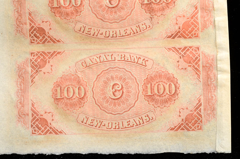 Uncut Sheet of Four One Hundred Dollar New Orleans Notes
