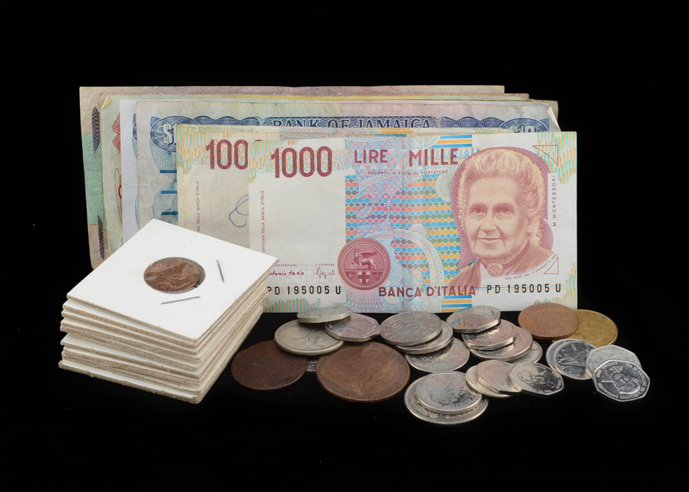 Group of (51) Pieces of Foreign Coins and Currency