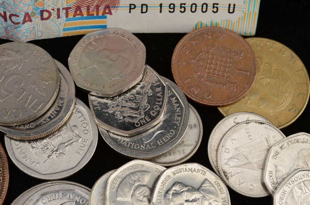 Group of (51) Pieces of Foreign Coins and Currency