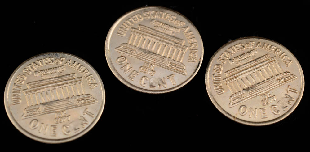 3 Miniature Commemorative 14K Gold Lincoln Memorial Cents