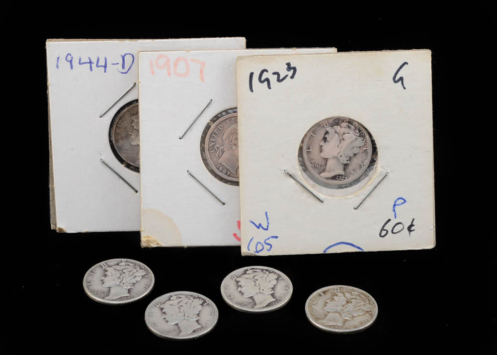 Group of Seven Silver American Dimes