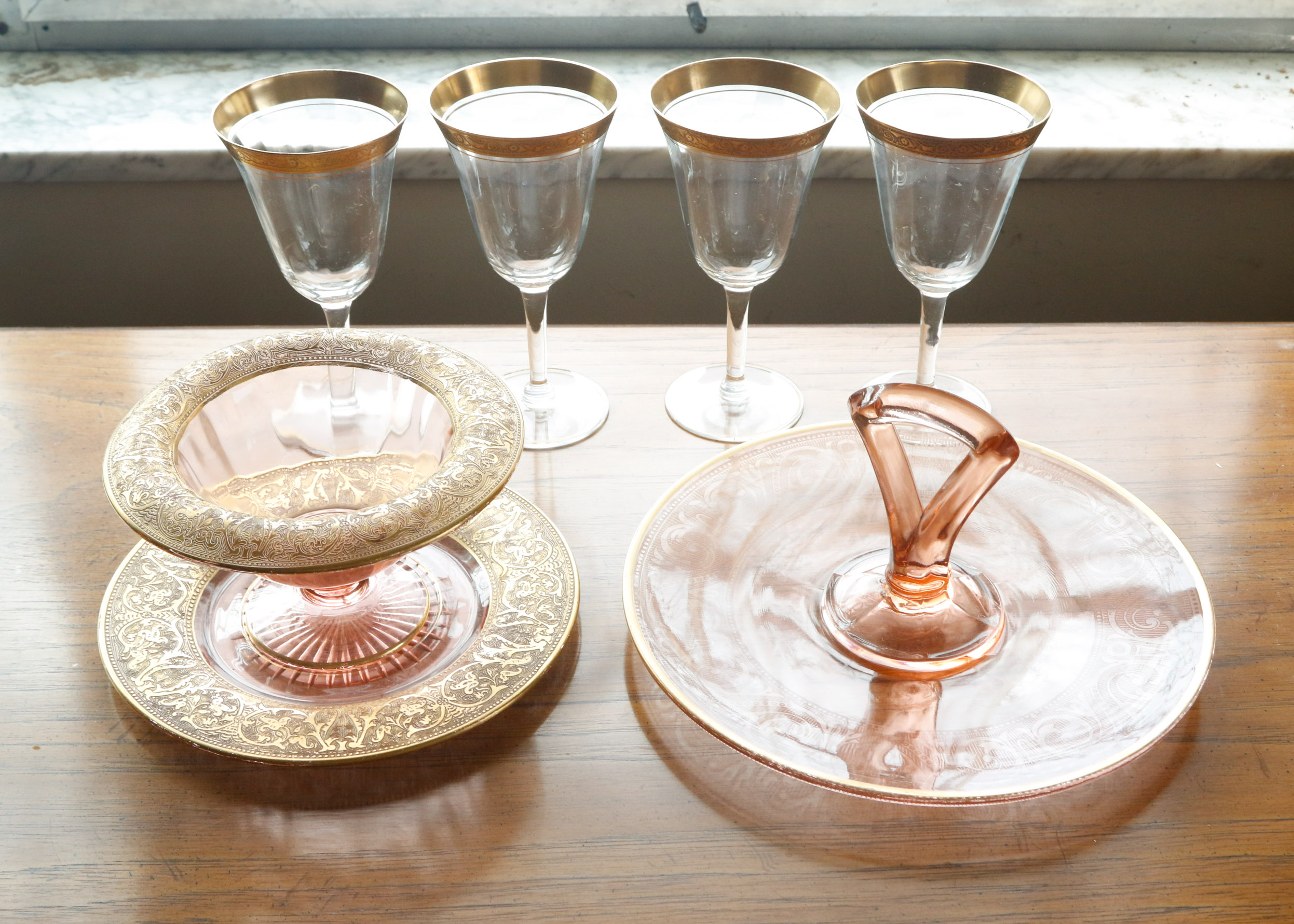 Tiffin "Minton" Crystal and Pink Depression Glass Tableware