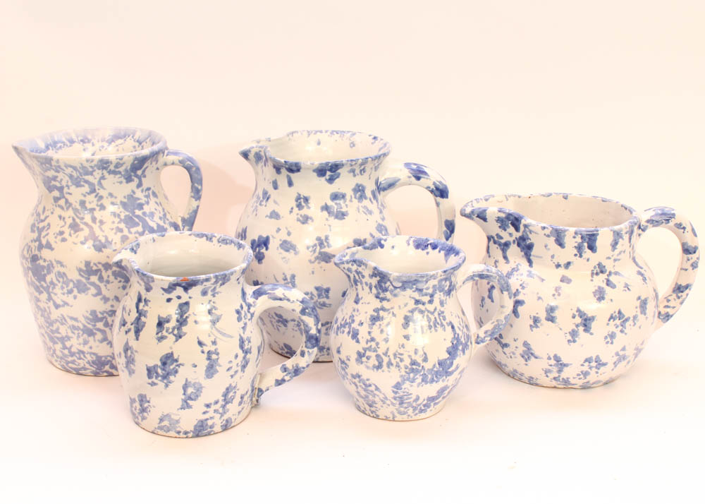 Bybee Pottery Blue Spongeware Pitchers