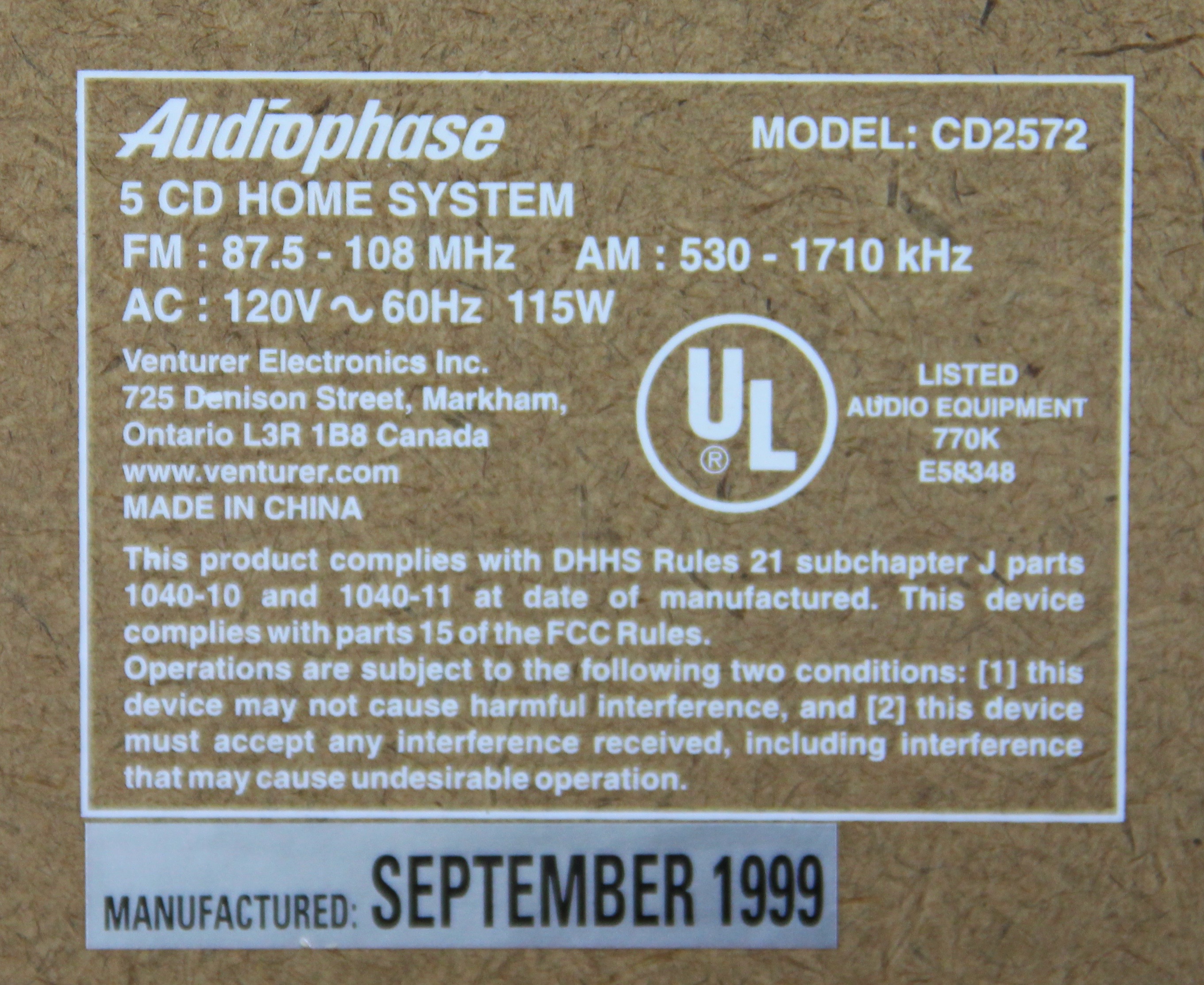 Audiophase 5-CD Disc Changer Stereo with Speakers