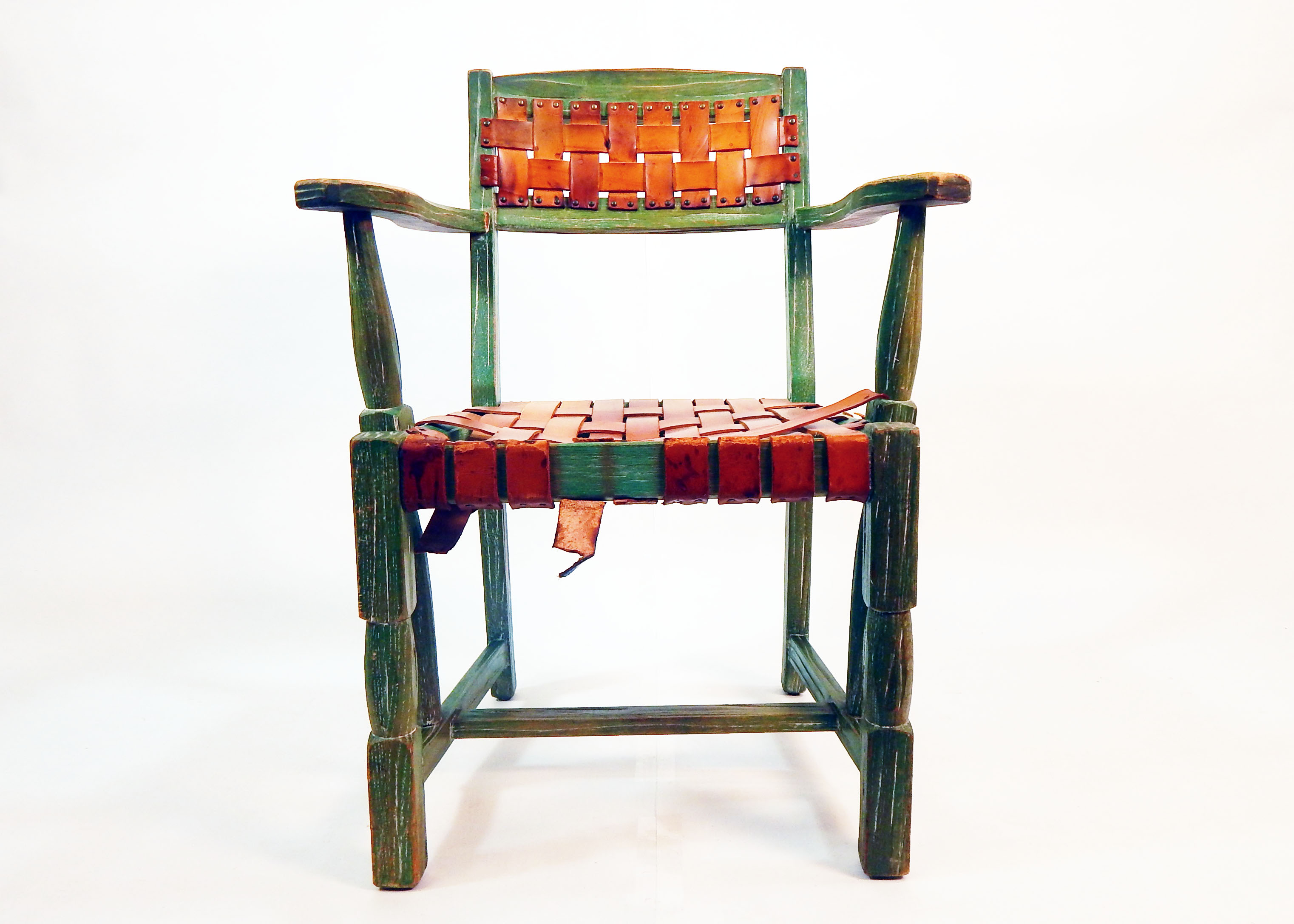 Vintage Ranch Oak Chair With Leather Basket Weave Seat and Back