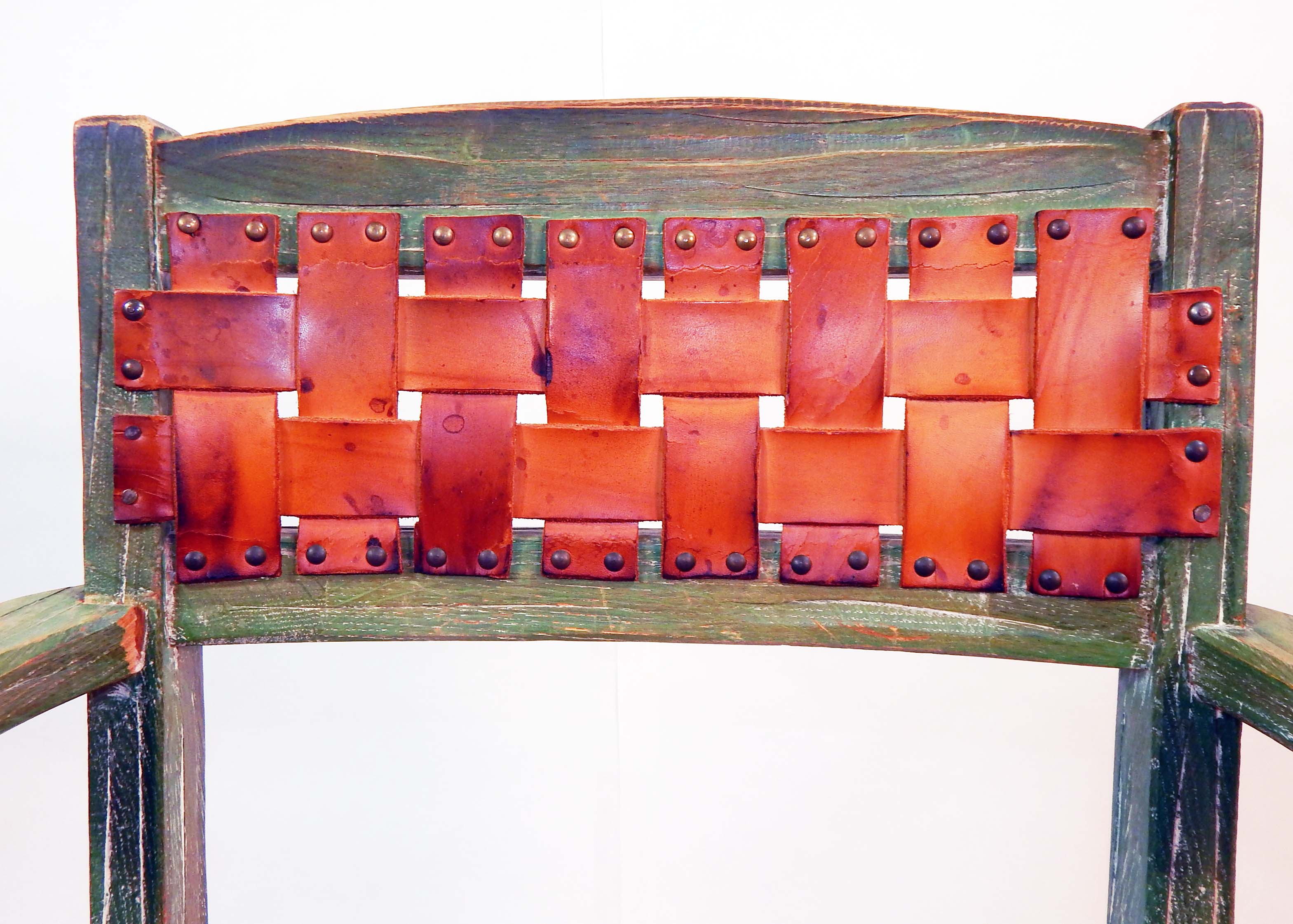 Vintage Ranch Oak Chair With Leather Basket Weave Seat and Back