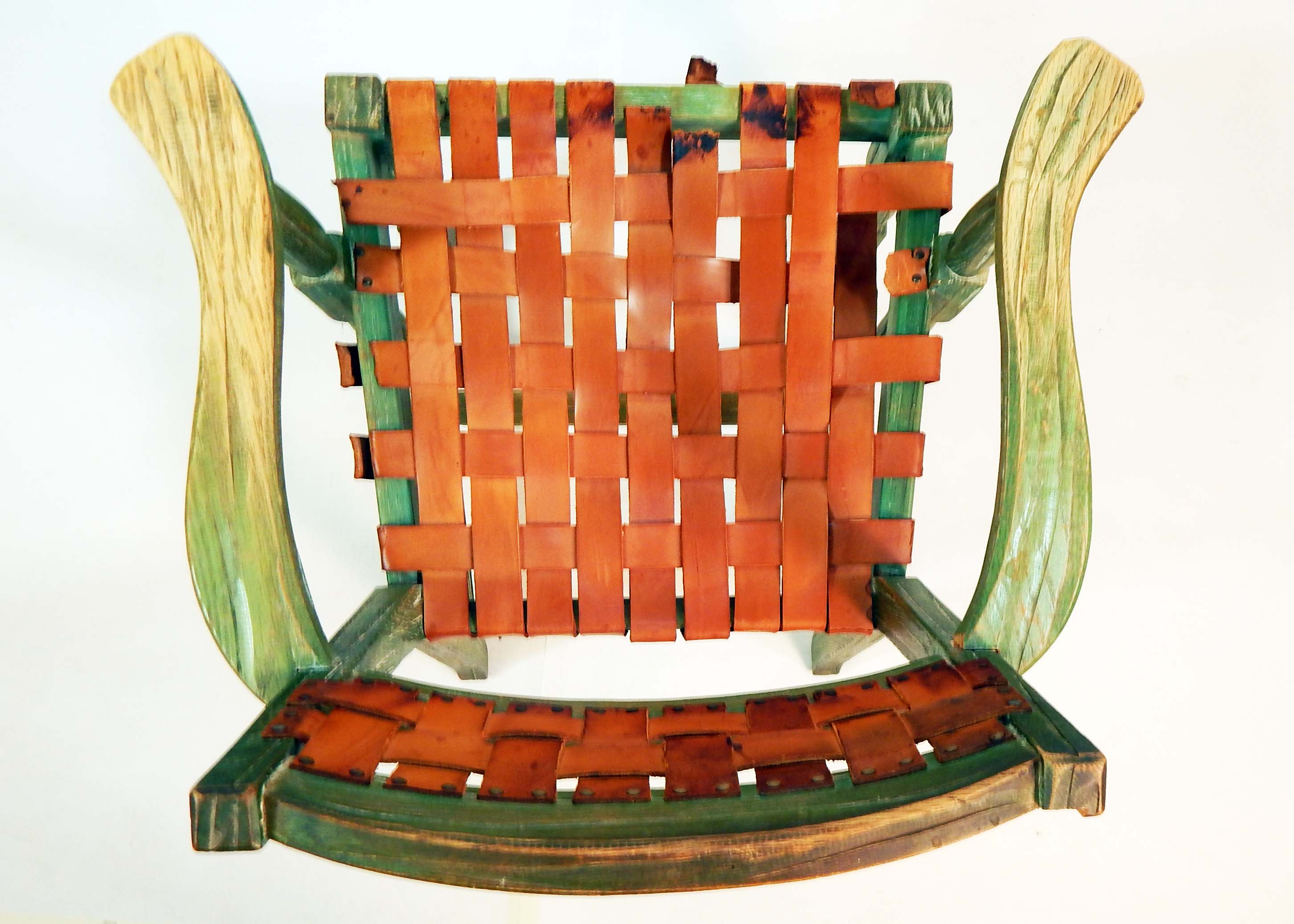 Vintage Ranch Oak Chair With Leather Basket Weave Seat and Back