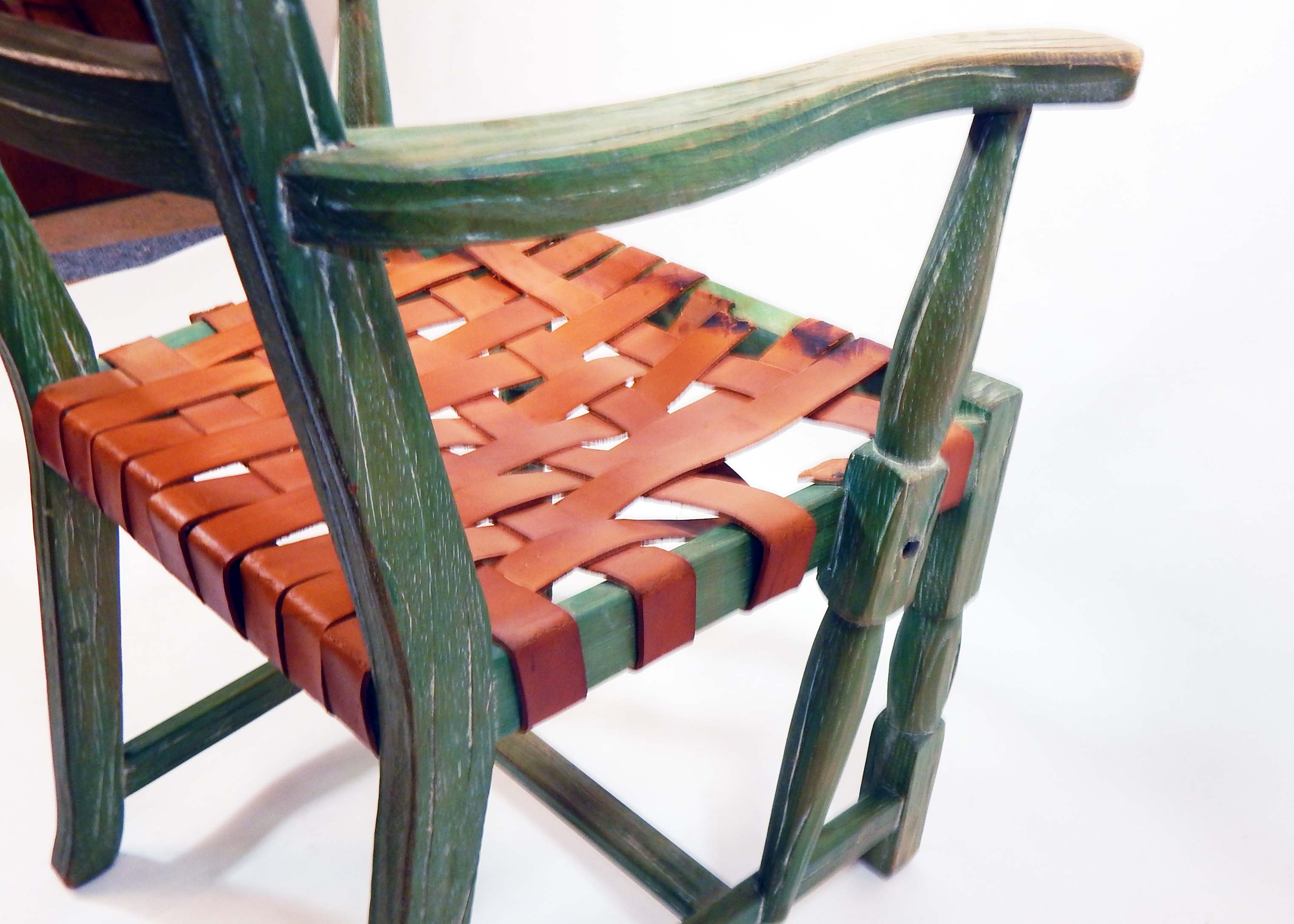 Vintage Ranch Oak Chair With Leather Basket Weave Seat and Back