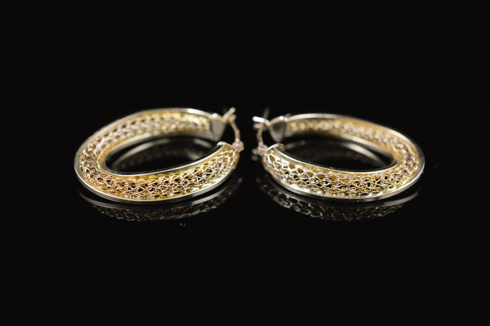 14K Gold Filigree Hoop Earrings