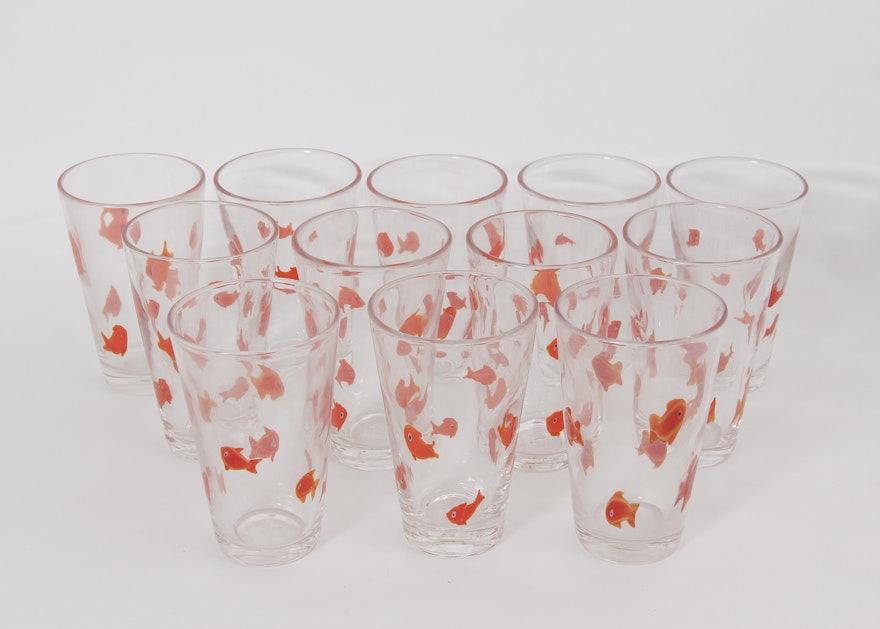 Crate and Barrel Handblown Goldfish Drinking Highball Glasses 6 Set of 4