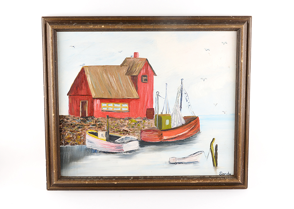 Framed Maritime Folk Art Oil Painting on Canvas