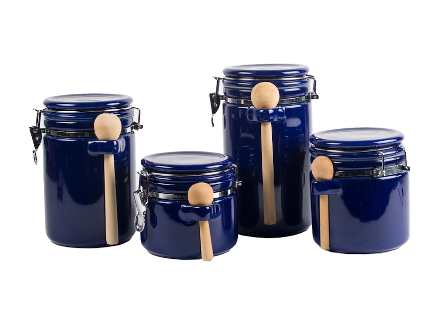 Cobalt Blue Ceramic Canister Set with Wooden Scoops