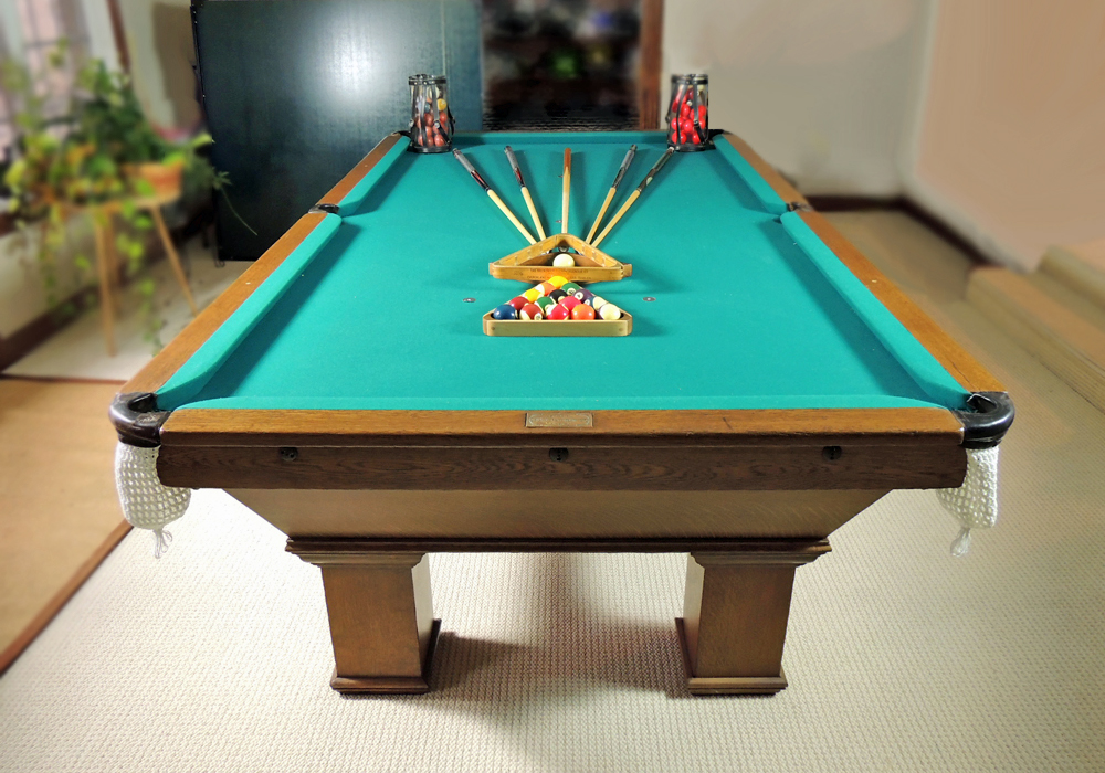 Antique Oak Brunswick Snooker Billiards Table and Accessories