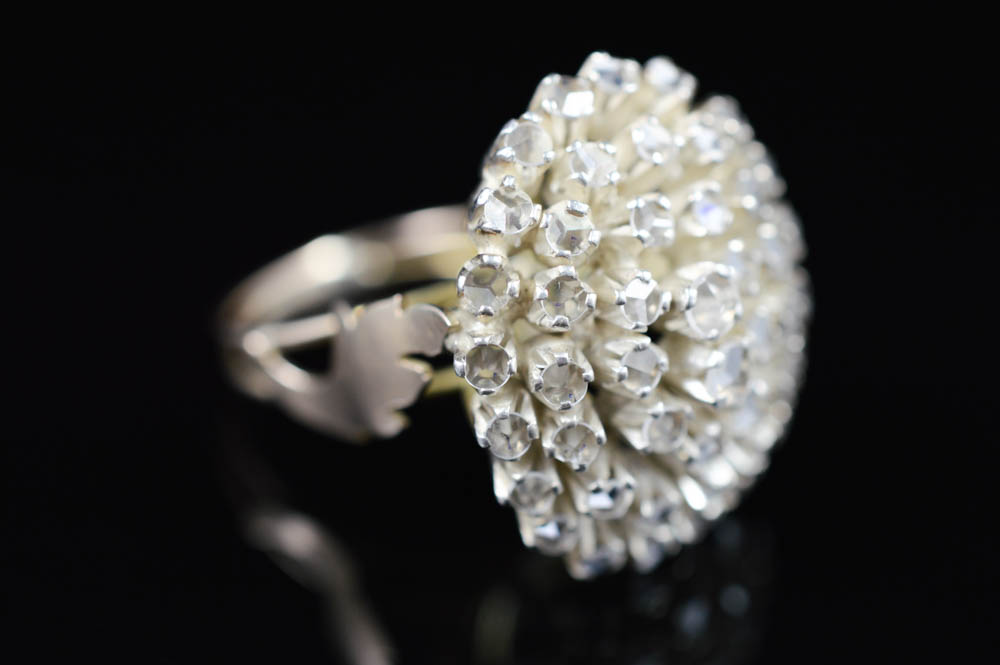 Antique Handmade Flower Blossom Ring with White Sapphires