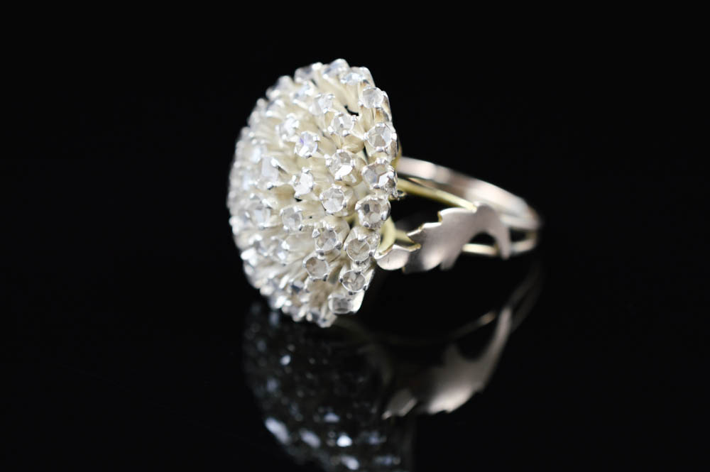 Antique Handmade Flower Blossom Ring with White Sapphires