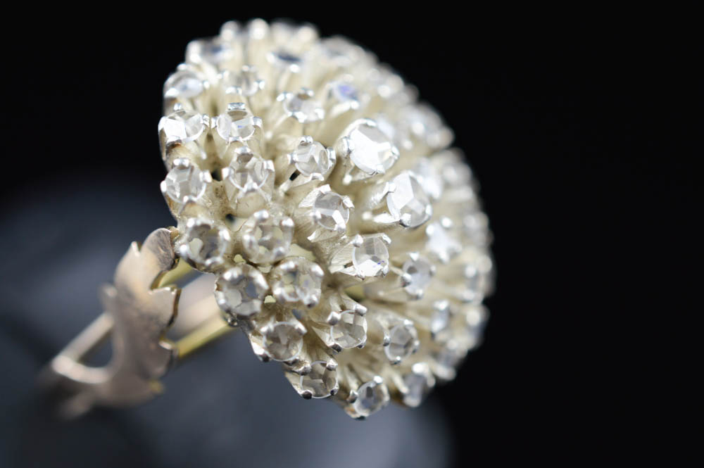 Antique Handmade Flower Blossom Ring with White Sapphires