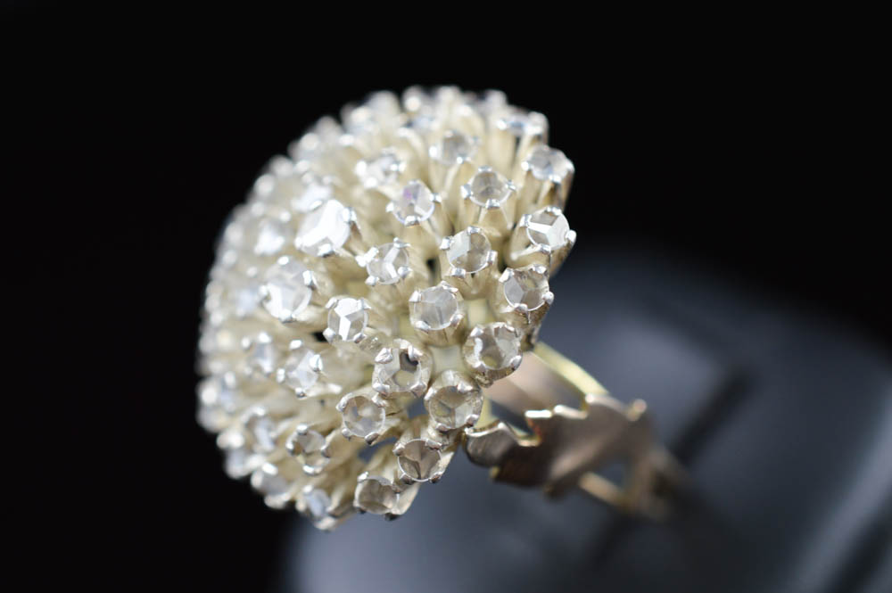 Antique Handmade Flower Blossom Ring with White Sapphires