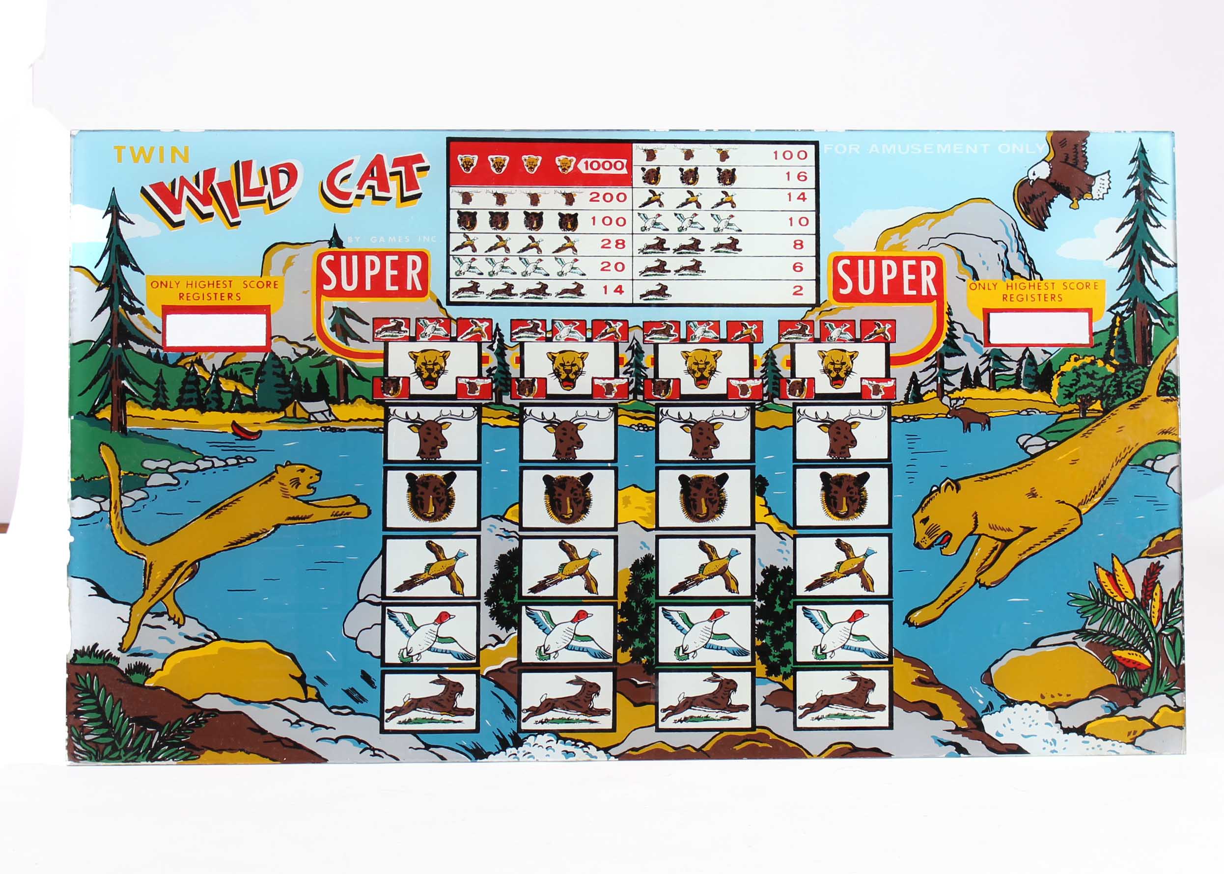 Vintage Twin Wild Cat Glass Pinball Backglass