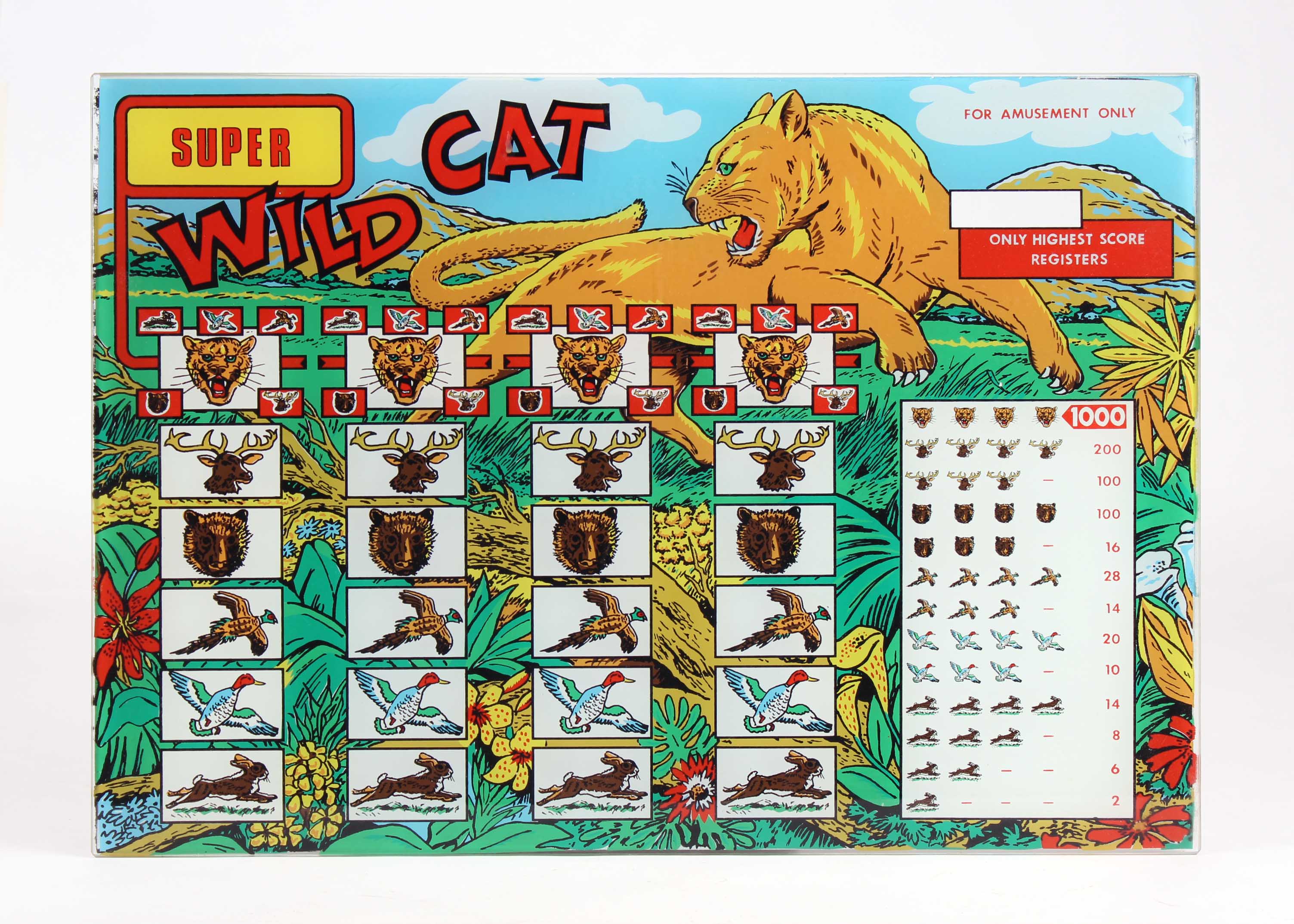 Vintage Super Wild Cat Glass Pinball Backglass