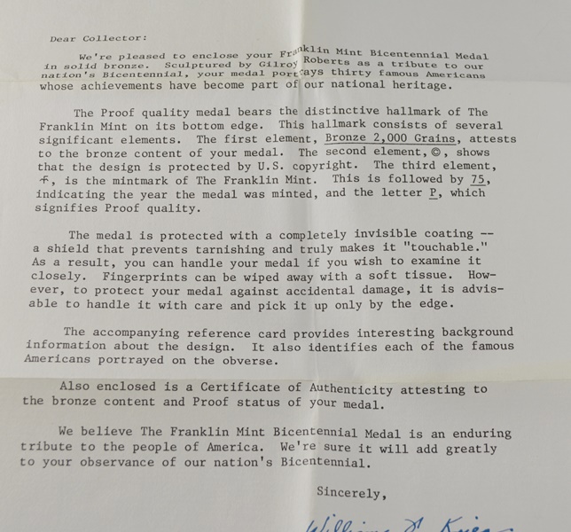 Solid Bronze Franklin Mint Bicentennial Medal
