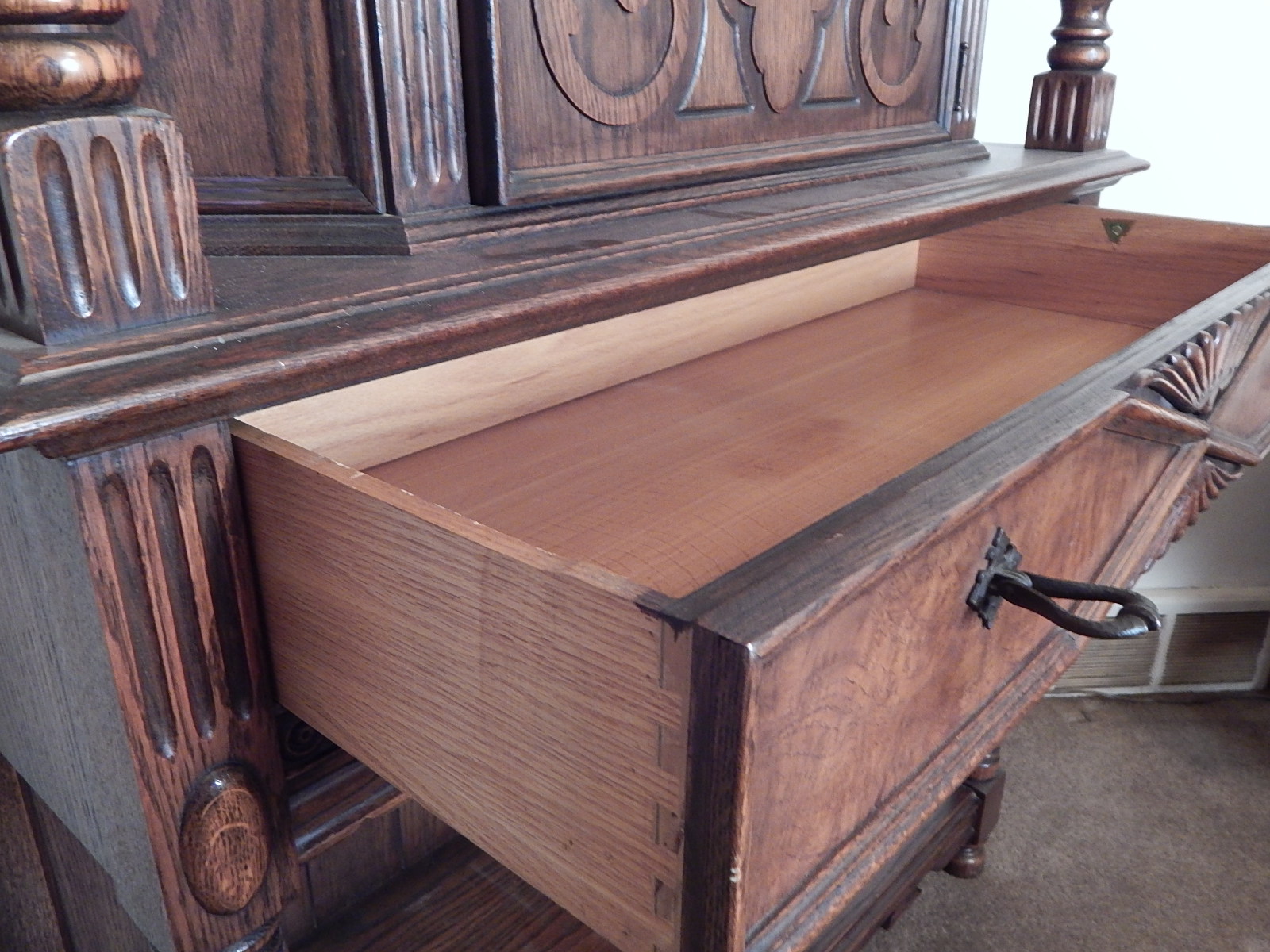 1930's Jacobean Revival Carved Oak Hutch