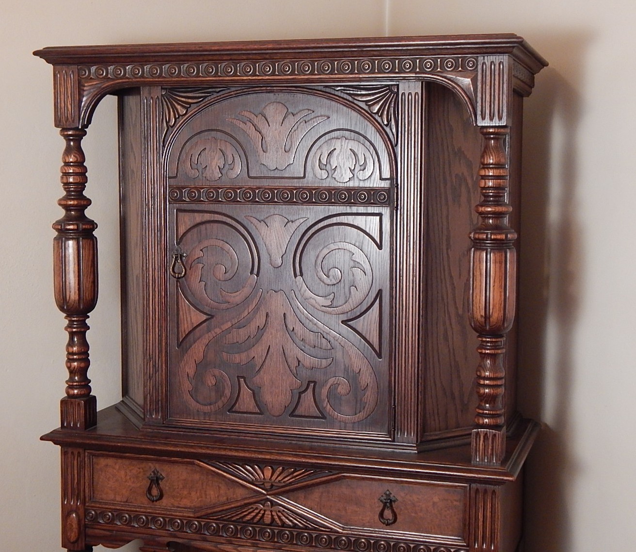 1930's Jacobean Revival Carved Oak Hutch