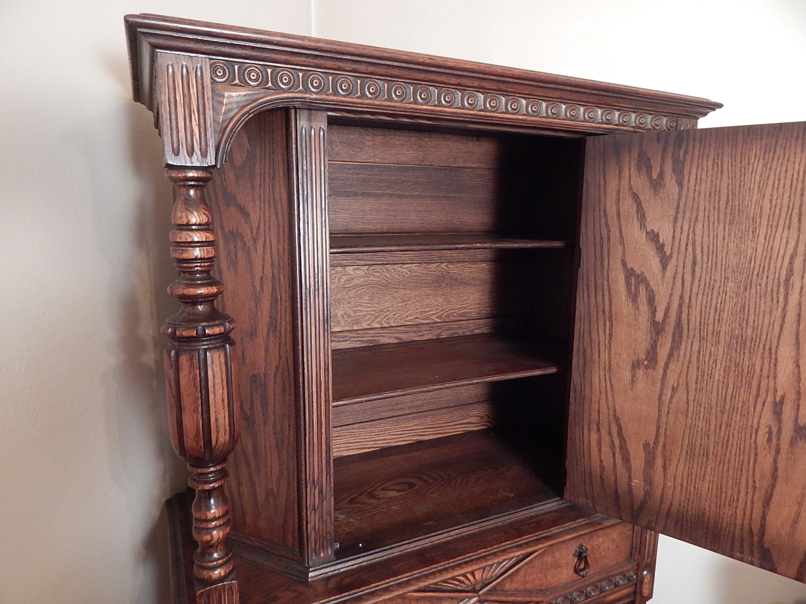 1930's Jacobean Revival Carved Oak Hutch
