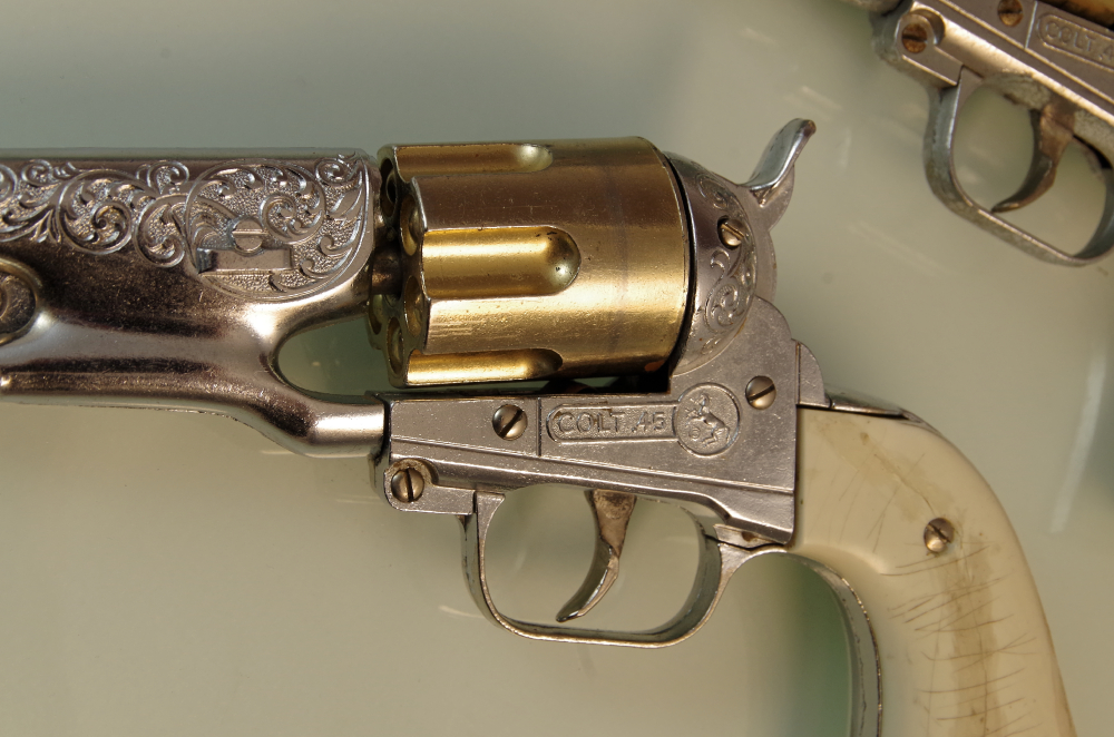 Vintage Mid Century Hubley Colt .45 Cap Guns and Holster Set