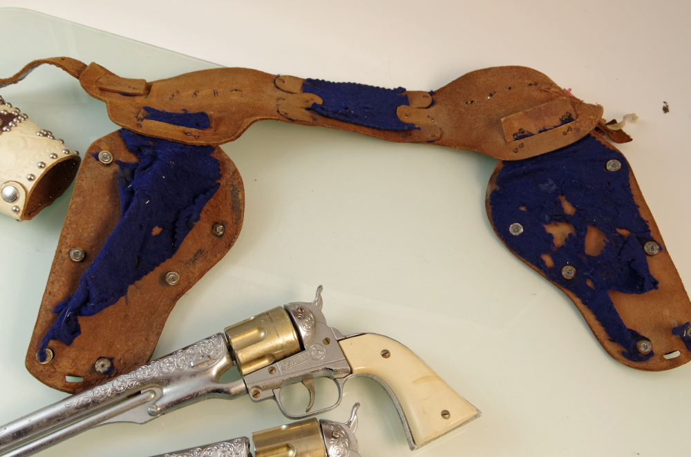 Vintage Mid Century Hubley Colt .45 Cap Guns and Holster Set