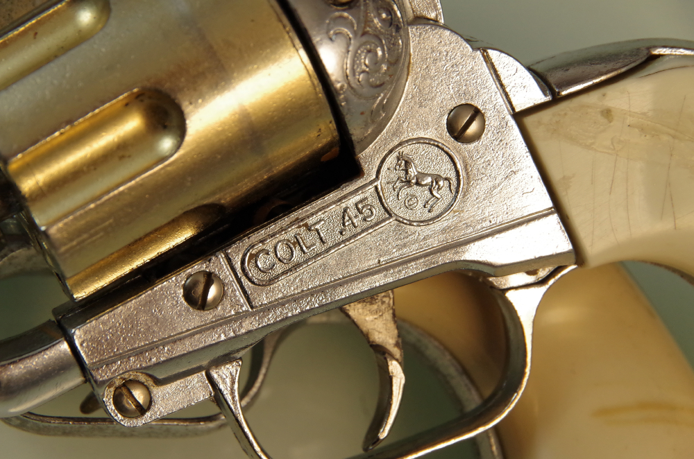 Vintage Mid Century Hubley Colt .45 Cap Guns and Holster Set