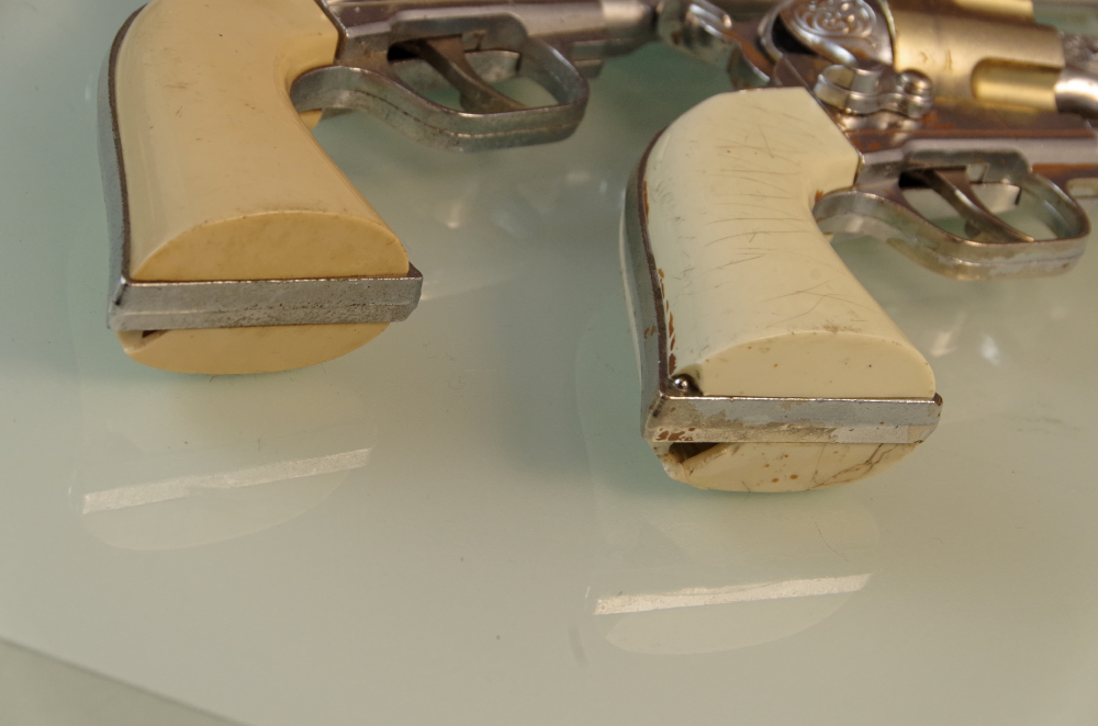 Vintage Mid Century Hubley Colt .45 Cap Guns and Holster Set