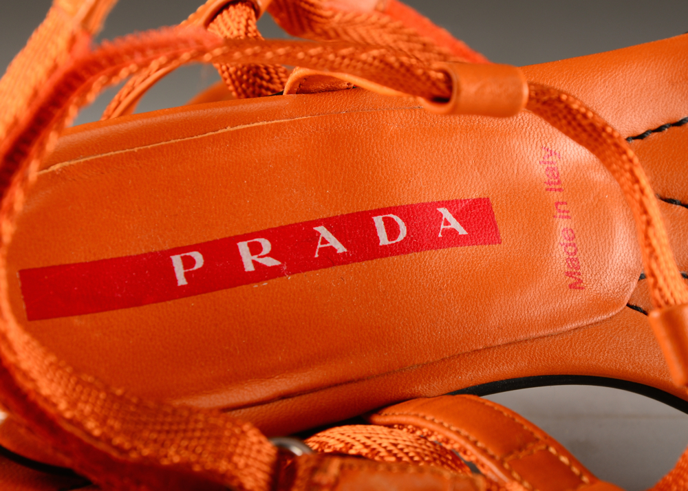 Prada Orange Leather and Nylon Strappy Kitten Heels