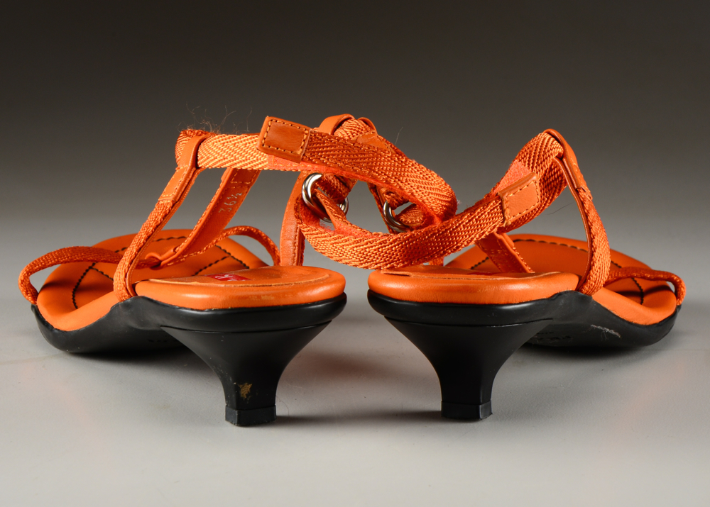 Prada Orange Leather and Nylon Strappy Kitten Heels