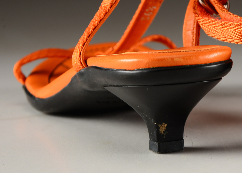 Prada Orange Leather and Nylon Strappy Kitten Heels