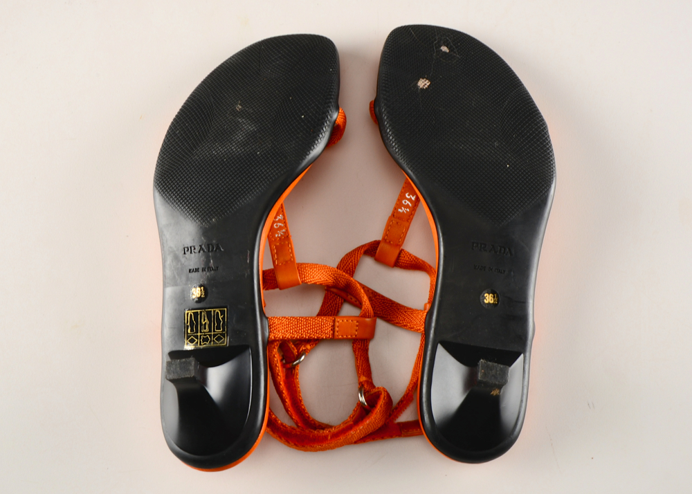 Prada Orange Leather and Nylon Strappy Kitten Heels
