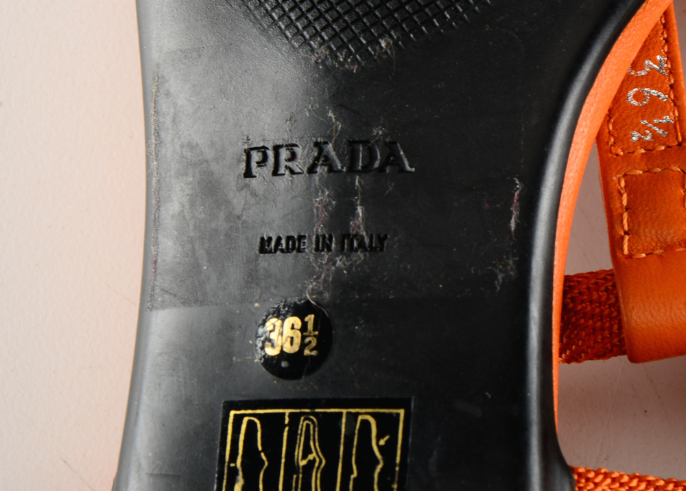 Prada Orange Leather and Nylon Strappy Kitten Heels