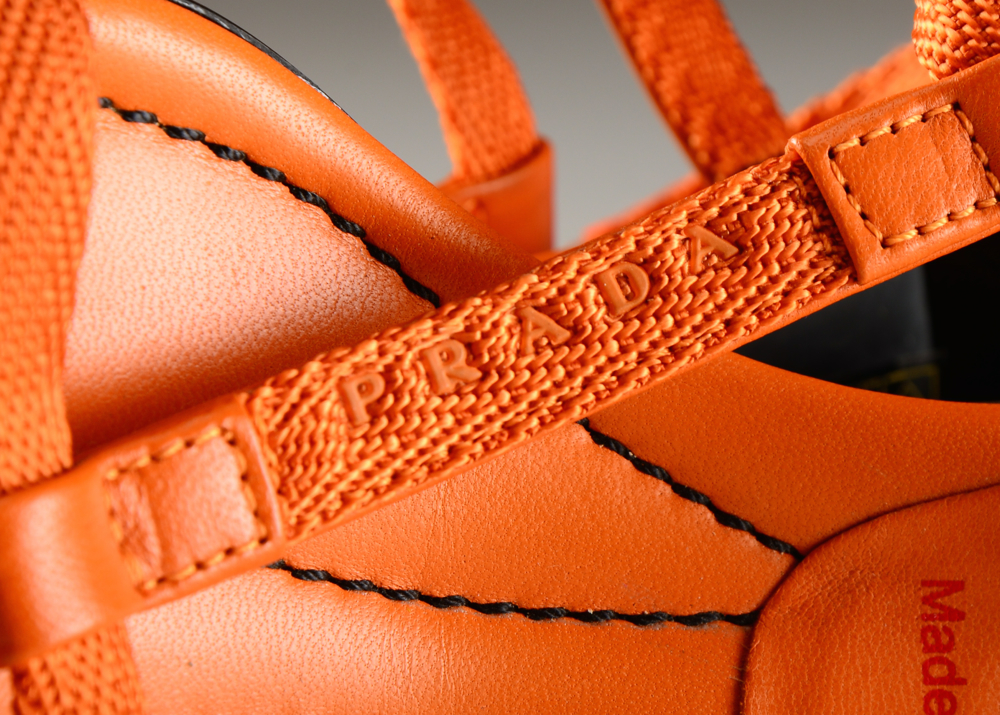 Prada Orange Leather and Nylon Strappy Kitten Heels