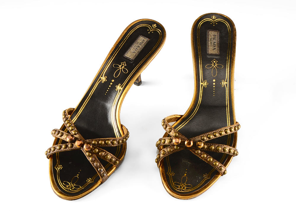 Prada Studded Bronze Leather Kitten Heel Sandals