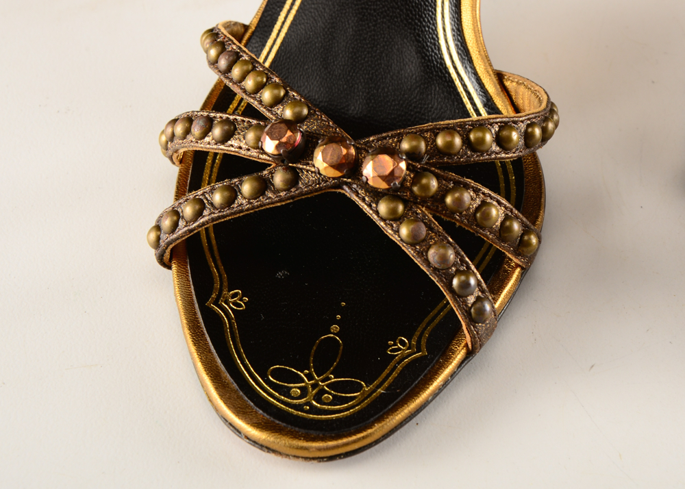 Prada Studded Bronze Leather Kitten Heel Sandals