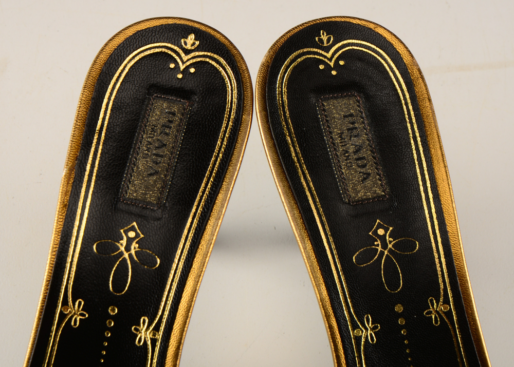 Prada Studded Bronze Leather Kitten Heel Sandals