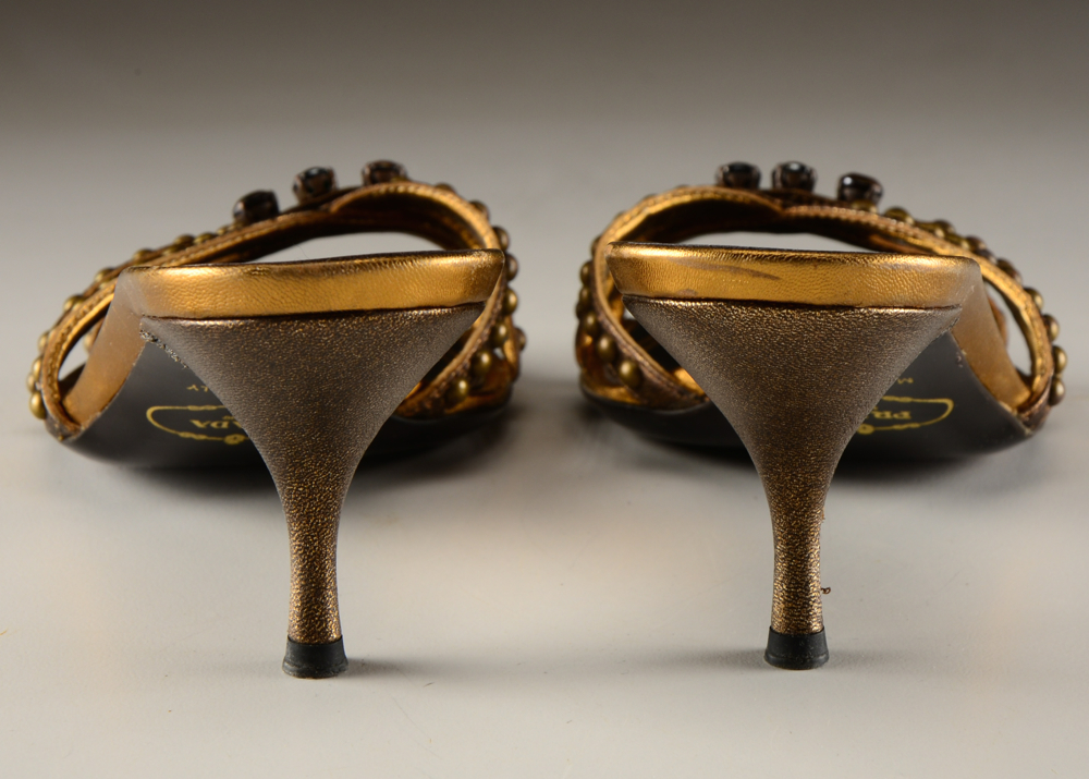 Prada Studded Bronze Leather Kitten Heel Sandals