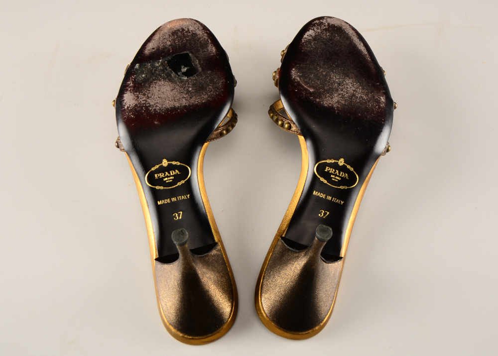 Prada Studded Bronze Leather Kitten Heel Sandals