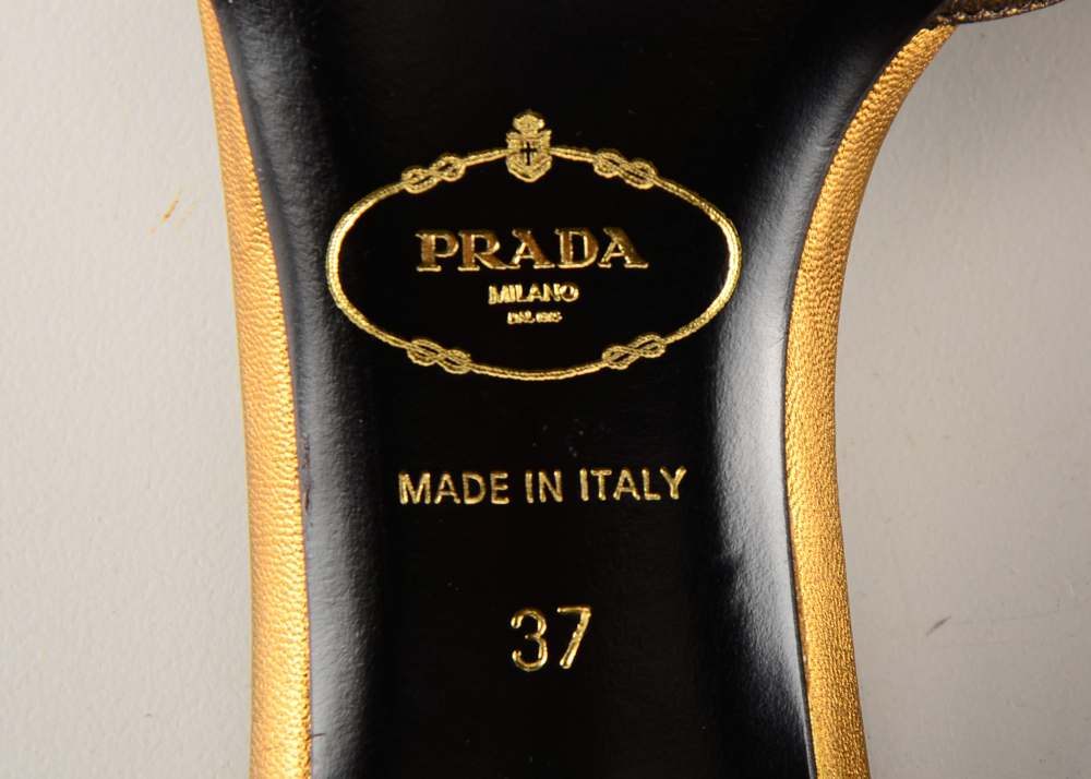 Prada Studded Bronze Leather Kitten Heel Sandals