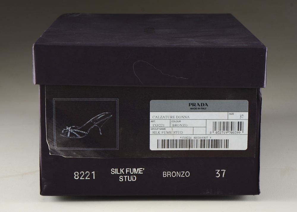 Prada Studded Bronze Leather Kitten Heel Sandals