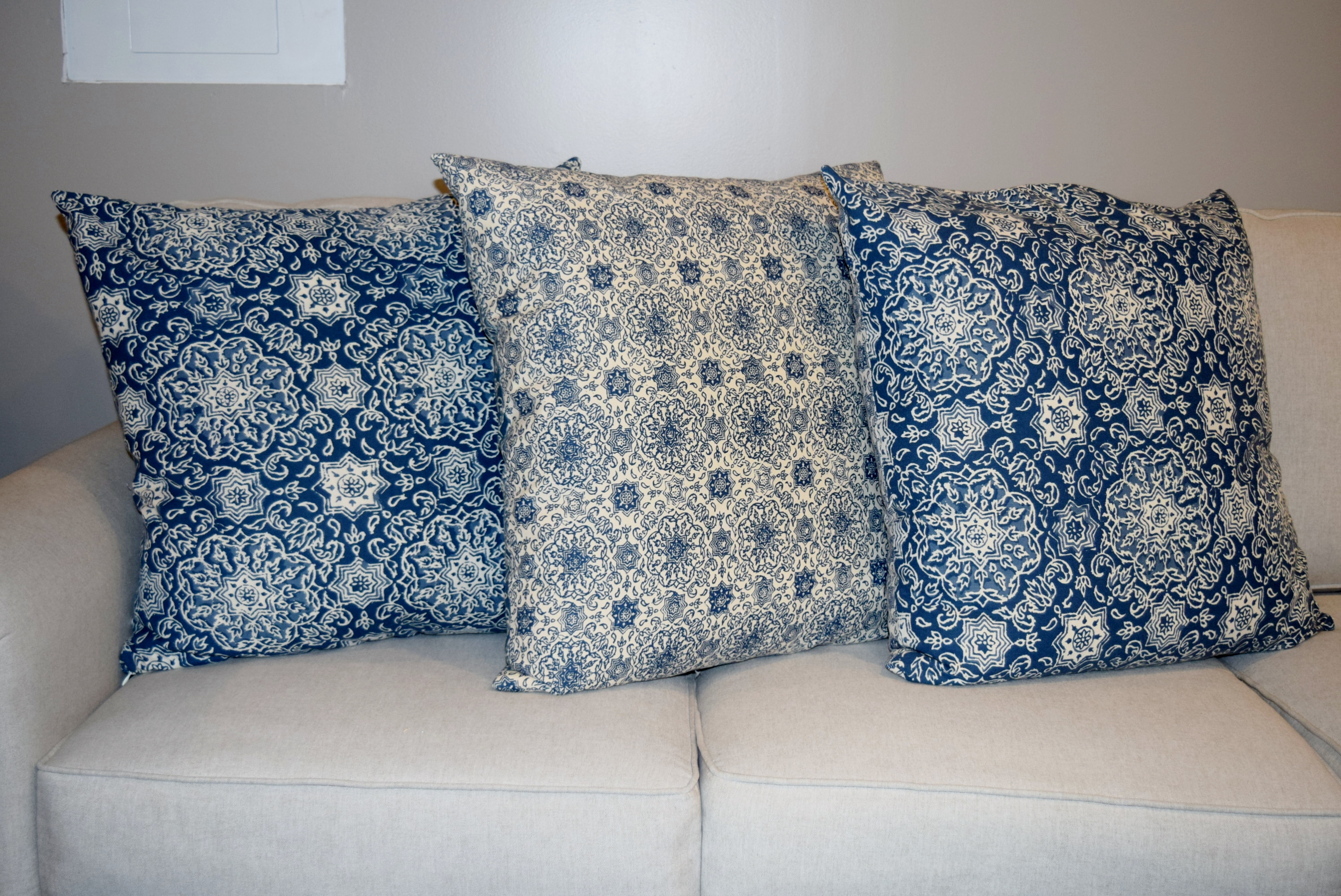 Three Pottery Barn Blue and White Pillows