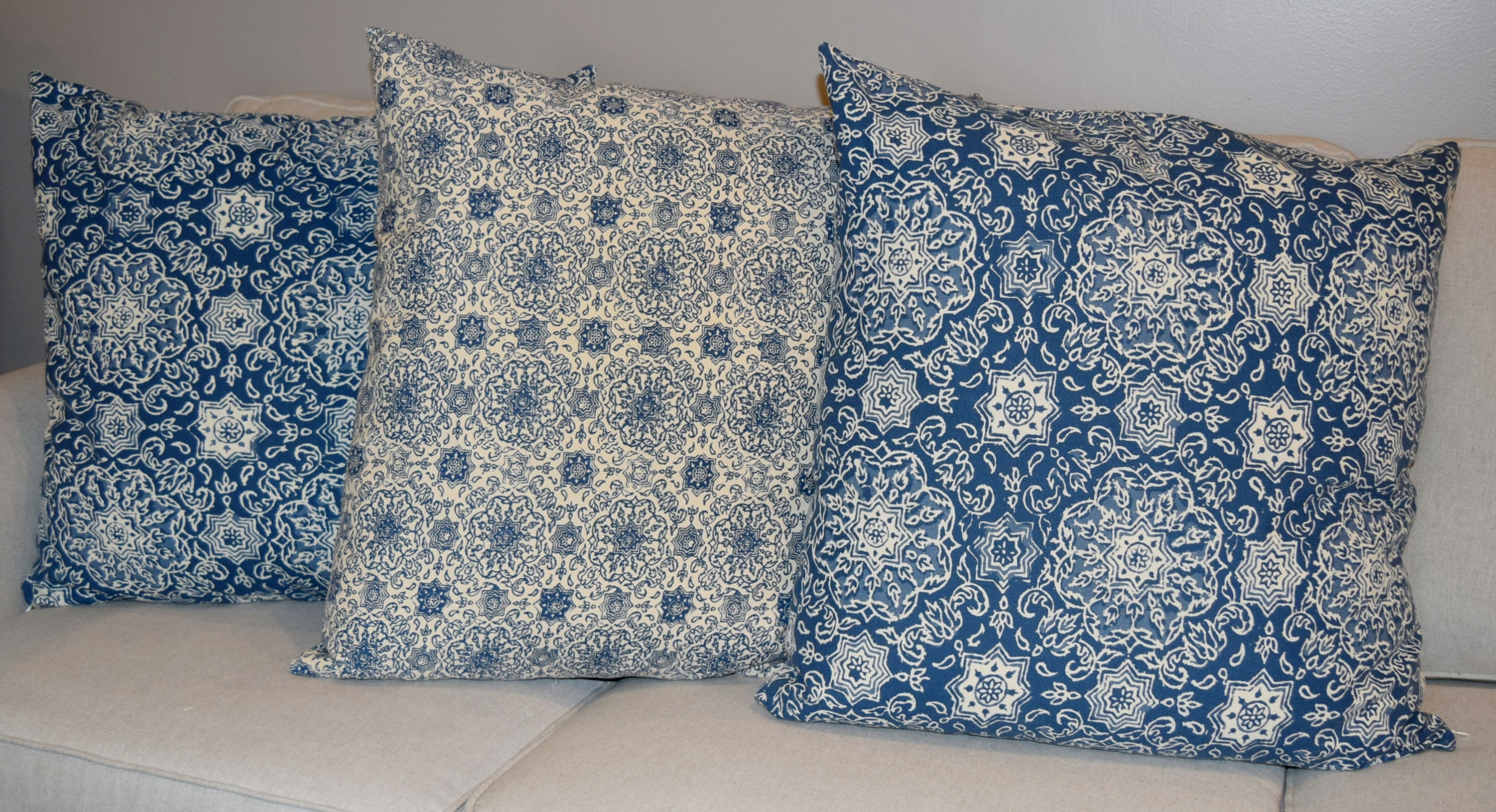 Three Pottery Barn Blue and White Pillows