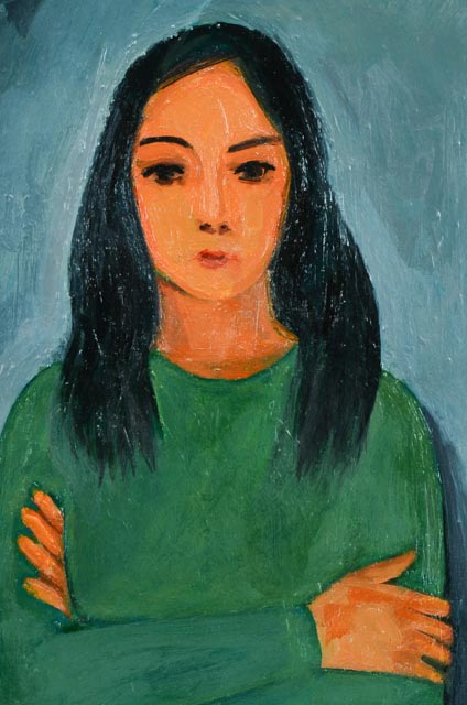 Roland Huston Oil Portrait of Woman in Green Sweater