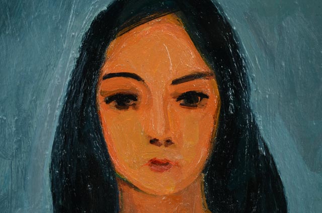 Roland Huston Oil Portrait of Woman in Green Sweater