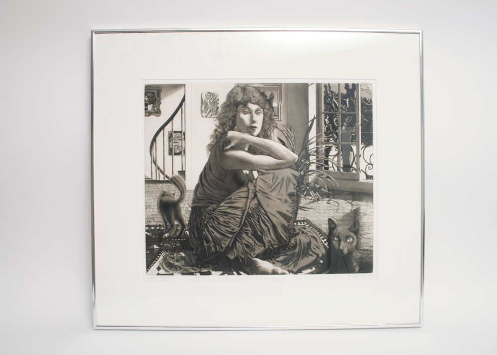 David Bumbeck Original Signed Etching of a Woman With Cats